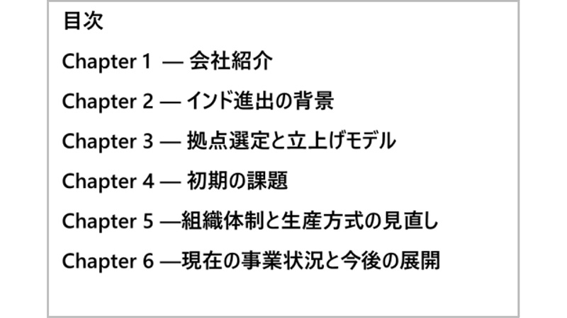 �u���̃X���C�h��ʁB�u�ڎ��@Capture1-��ЏЉ�@Capture2-�C���h�i�o�̔w�i�@Capture3-���_�I��Ɨ����グ���f���@Capture4-�����̉ۑ�@Capture5-�g�D�̐��Ɛ��Y�����̌������@Capture6-���݂̎��Ə󋵂ƍ���̓W�J�v�Ə�����Ă���